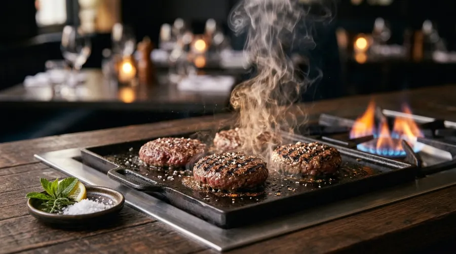 Três hambúrgueres de carne grelhando em uma chapa de ferro, com fumaça, e uma chama azul e laranja ao lado.